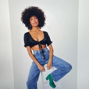 Satin Puff Sleeve Tie Crop Top